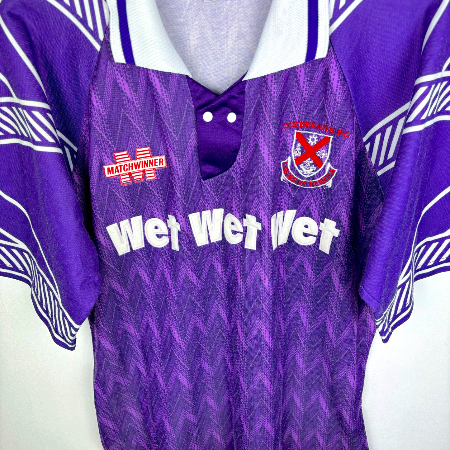 Vintage Clydebank FC purple retro football shirt with Wet Wet Wet sponsor and club crest. - Clydebank FC Wet Wet Wet 1993/1994/1995 Away Football Shirt Matchwinner