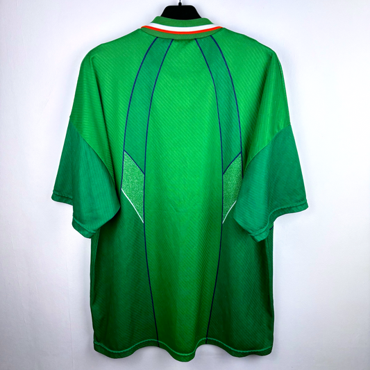 Green vintage football shirt with dark green panel accents and white, orange, and green collar trim, retro football shirt. - Eire Ireland 1994/1995/1996 Home Football Shirt Umbro