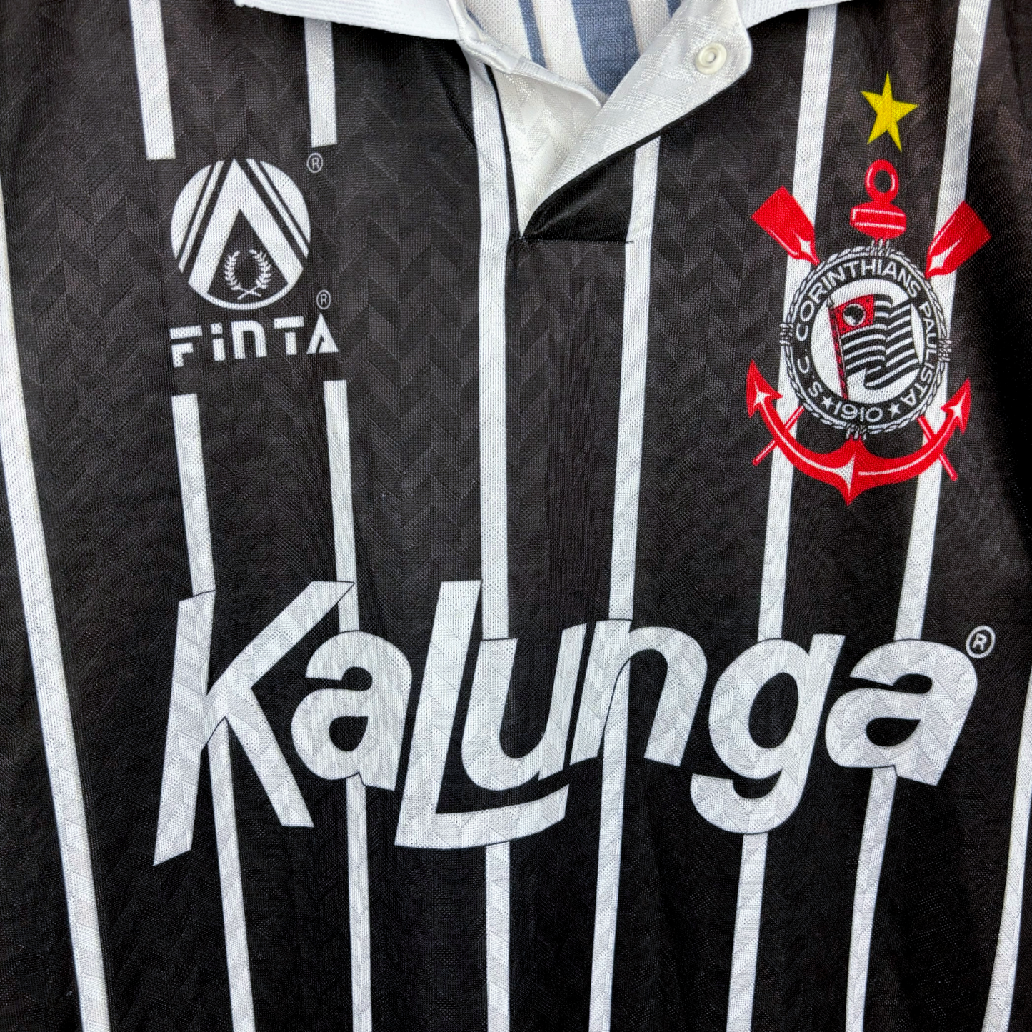 Corinthians vintage football shirt with black and white vertical stripes, Kalunga sponsor logo, and Finta branding. - Corinthians 1992/1993/1994 Away Football Shirt Camisa Finta