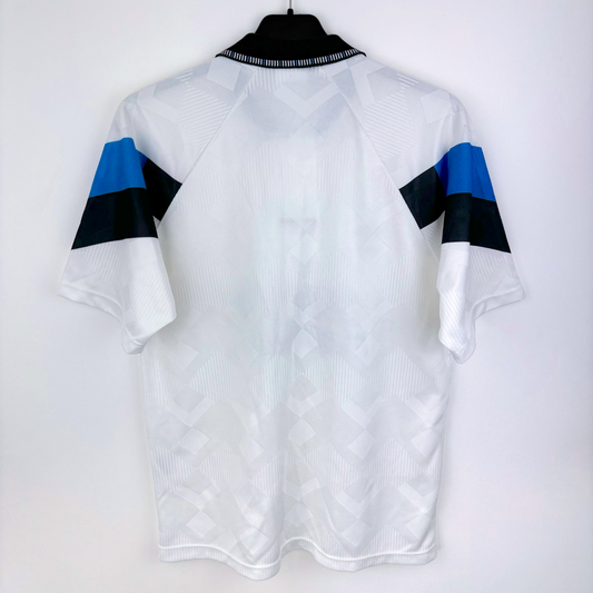White vintage football shirt with black and blue sleeve stripes, retro soccer jersey design. - Aston Villa 1990/1991/1992/1993 Away Football Shirt Umbro