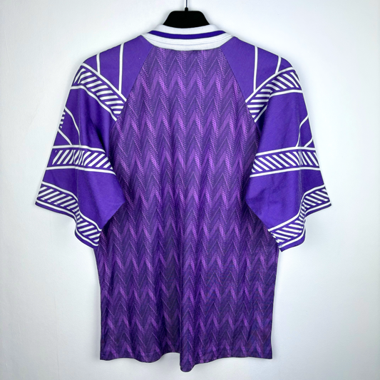 Purple vintage football shirt with white geometric patterns on sleeves and collar, retro soccer jersey style. - Clydebank FC Wet Wet Wet 1993/1994/1995 Away Football Shirt Matchwinner