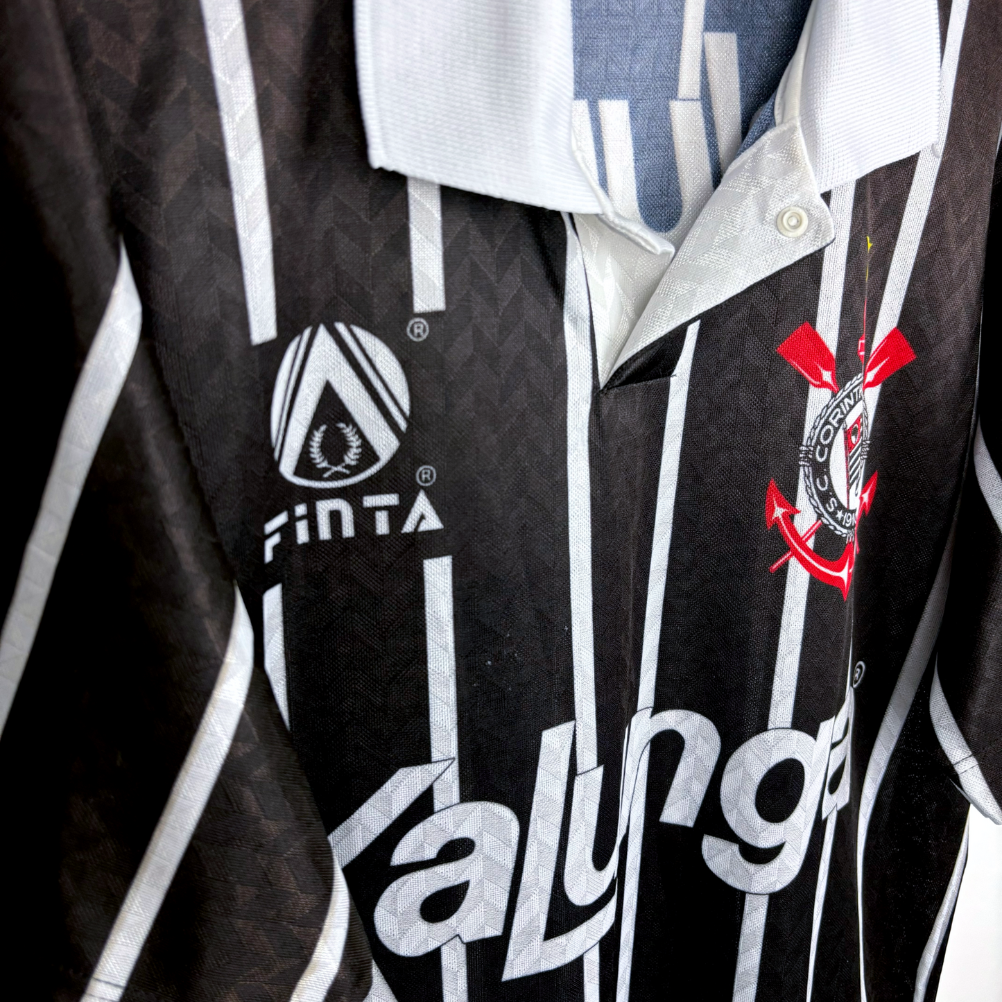 Vintage Corinthians black and white vertical striped football shirt with Finta logo and red club crest, retro soccer jersey. - Corinthians 1992/1993/1994 Away Football Shirt Camisa Finta