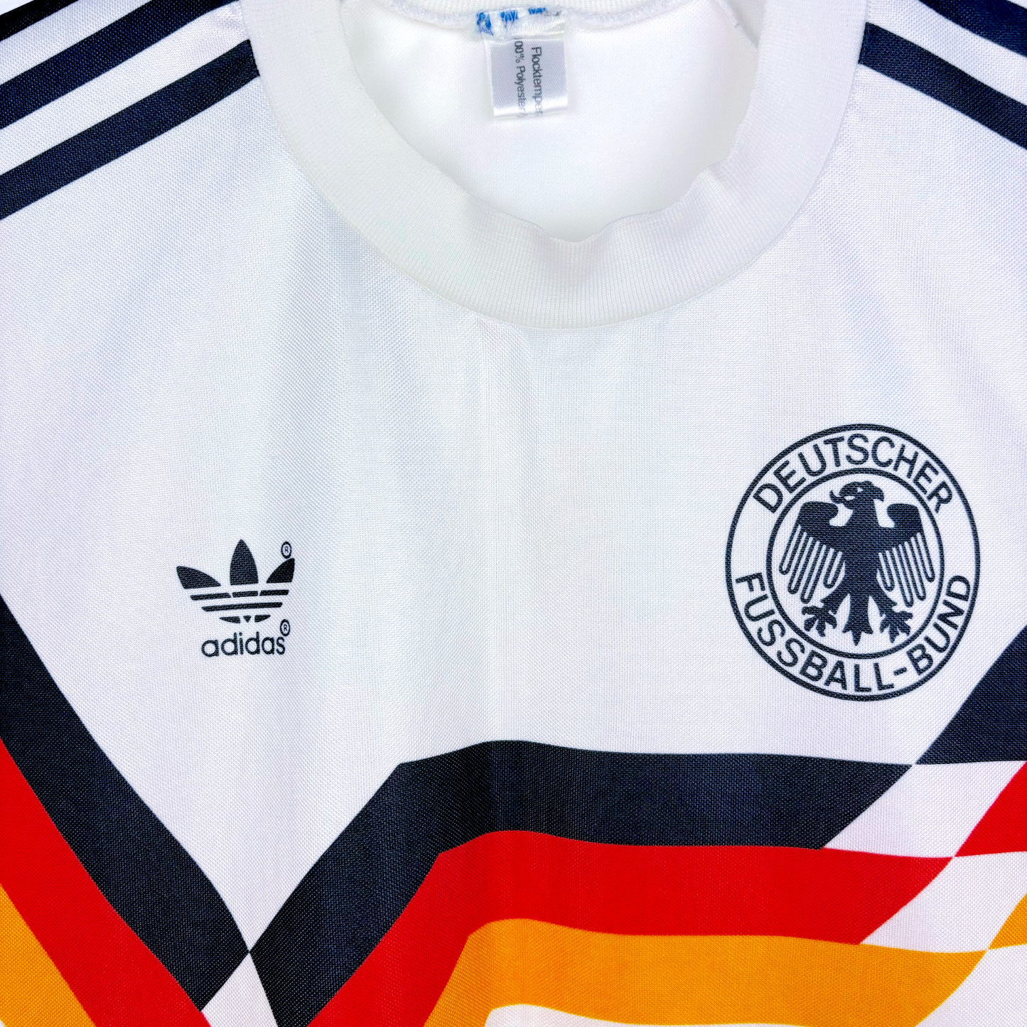 Germany vintage football shirt 1988-1992 Adidas home jersey with retro black, red, and yellow stripes and Deutscher. - Germany 1988/1989/1990/1991/1992 Adidas Home Football Shirt