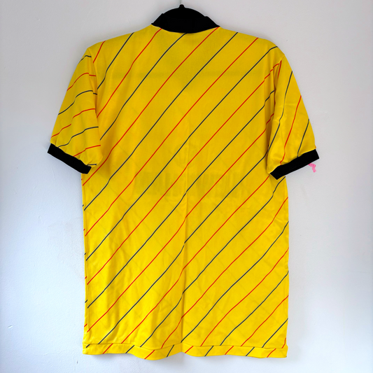 Yellow vintage football shirt with red and blue diagonal stripes and black collar and cuffs, retro soccer jersey style. - Millwall 1987/1988/1989 Away Football Shirt Spall