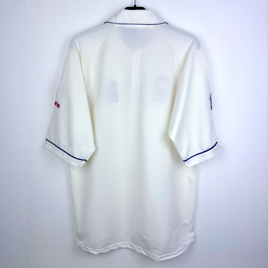 White vintage football shirt with navy trim on sleeves and collar, retro football classics shirt. - England 2005/2006/2007/2008 Ashes Cricket Shirt