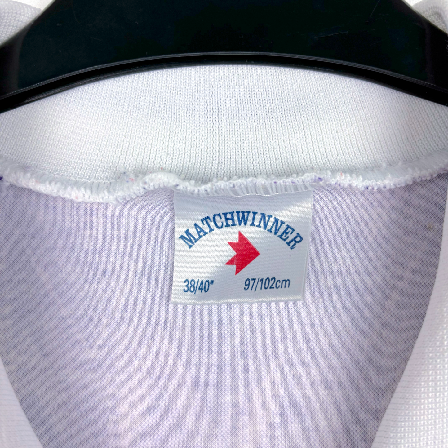Matchwinner label inside vintage football shirt showing size 38/40 and height 97/102 cm on retro soccer jersey. - Clydebank FC Wet Wet Wet 1993/1994/1995 Away Football Shirt Matchwinner