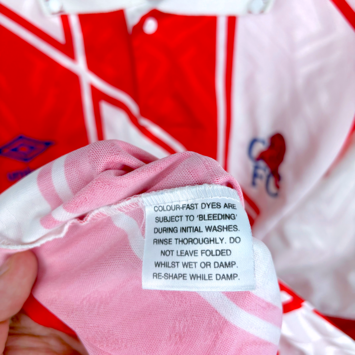 Vintage Chelsea 1990-1992 away football shirt by Umbro with white and red design and fabric care label, retro football shirt . - Chelsea 1990/1991/1992 Away Football Shirt Umbro