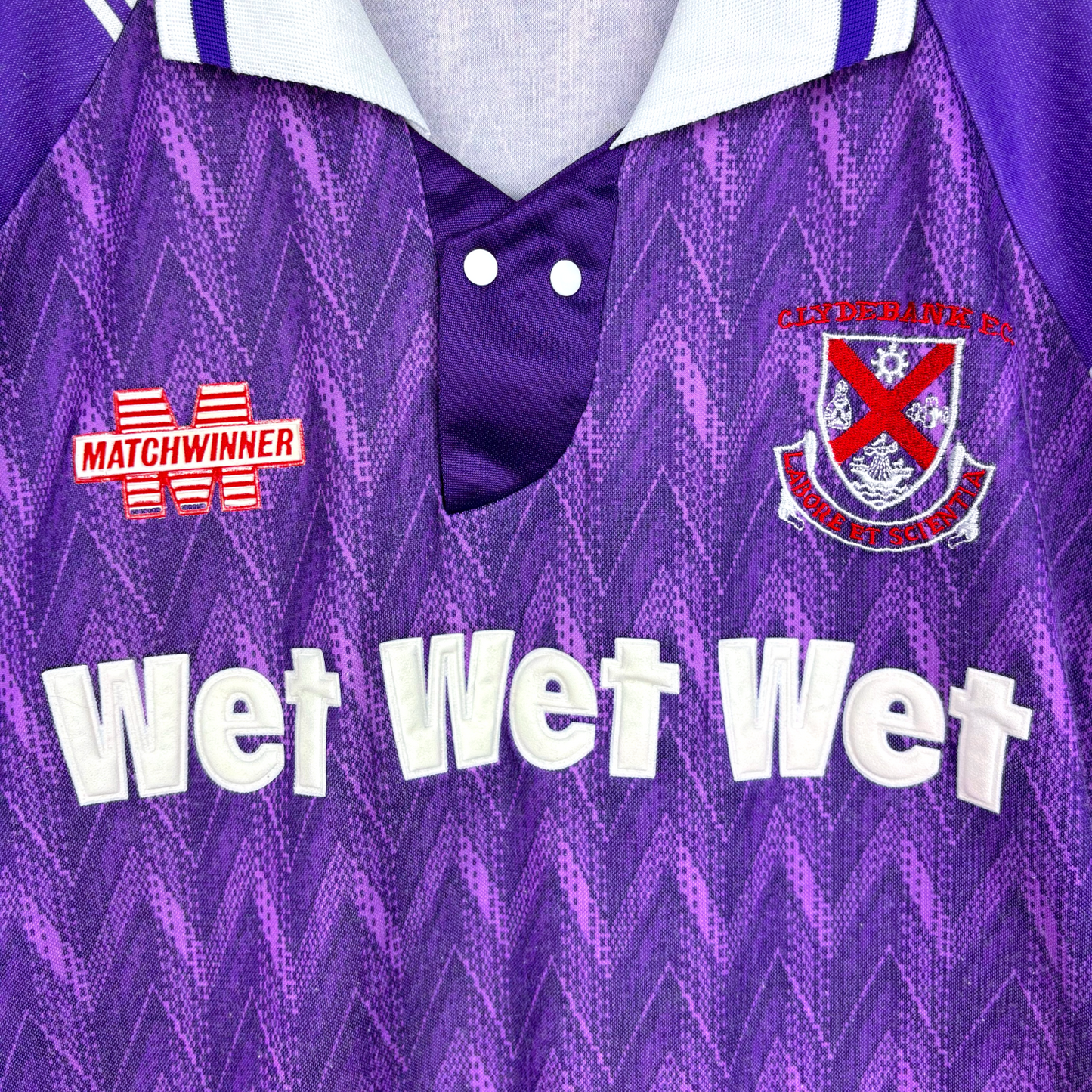 Purple Clydebank FC vintage football shirt with Wet Wet Wet sponsor logo and Matchwinner badge. - Clydebank FC Wet Wet Wet 1993/1994/1995 Away Football Shirt Matchwinner
