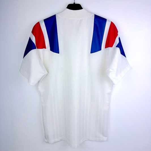 White vintage football shirt with blue and red shoulder accents, retro football shirts style. - Équipe de France FFF 1992/1993/1994 Away Football Maillot Shirt Adidas