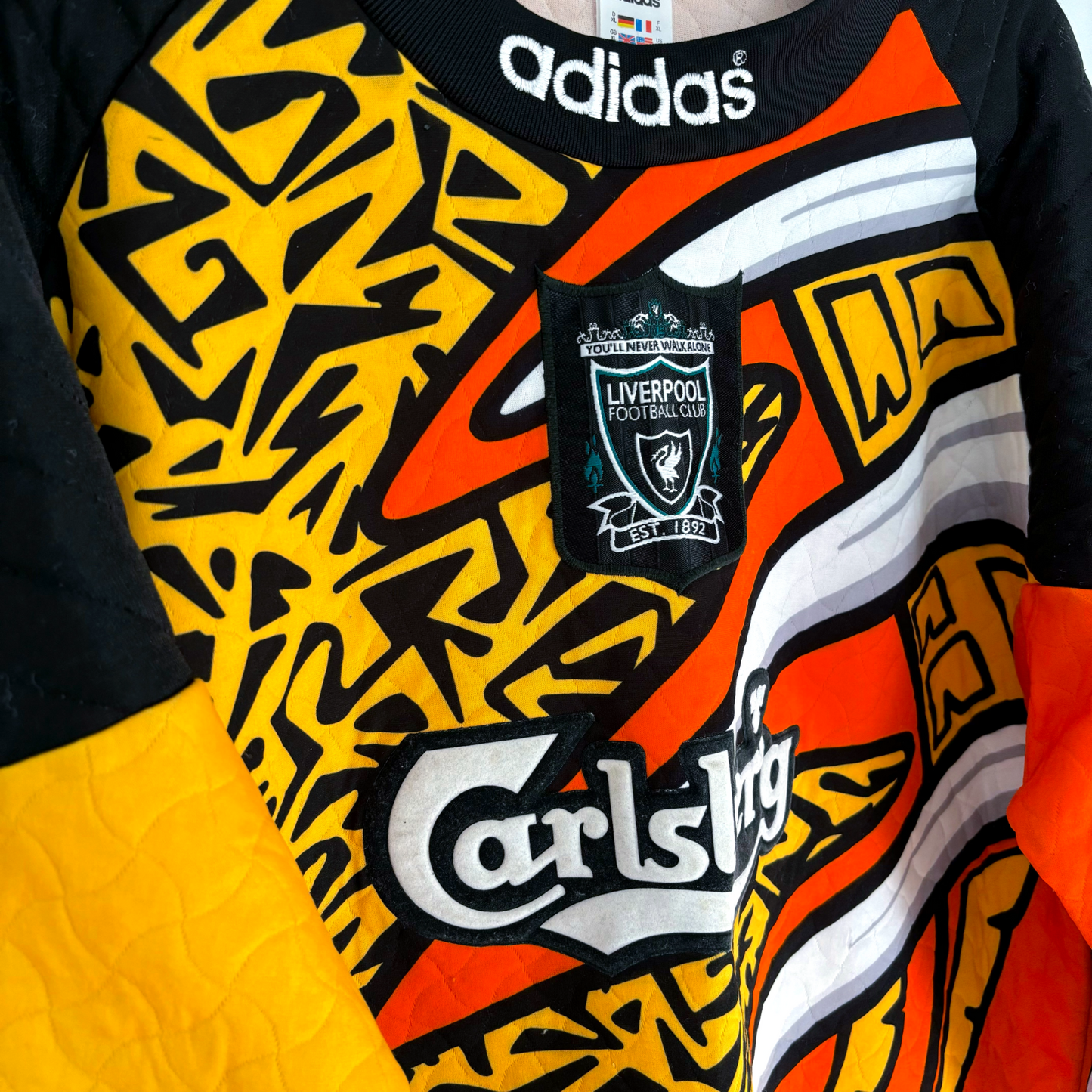 Vintage Liverpool FC 1995-1996 goalkeeper shirt by Adidas with bold geometric print and Carlsberg logo vintage football. - Liverpool FC 1995-1996 Goal Keeper Football Shirt Adidas