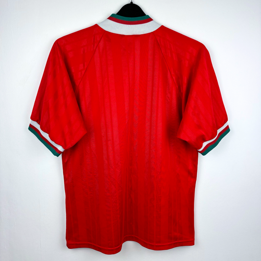 Liverpool FC vintage football shirt in classic red with green and white striped cuffs, retro football shirt design. - Liverpool FC 1993/1994/1995 Home Football Shirt Adidas