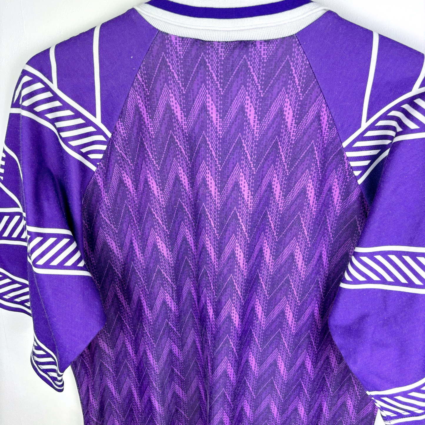 Purple and white vintage football shirt with zigzag pattern and bold sleeve stripes, retro soccer jersey style. - Clydebank FC Wet Wet Wet 1993/1994/1995 Away Football Shirt Matchwinner