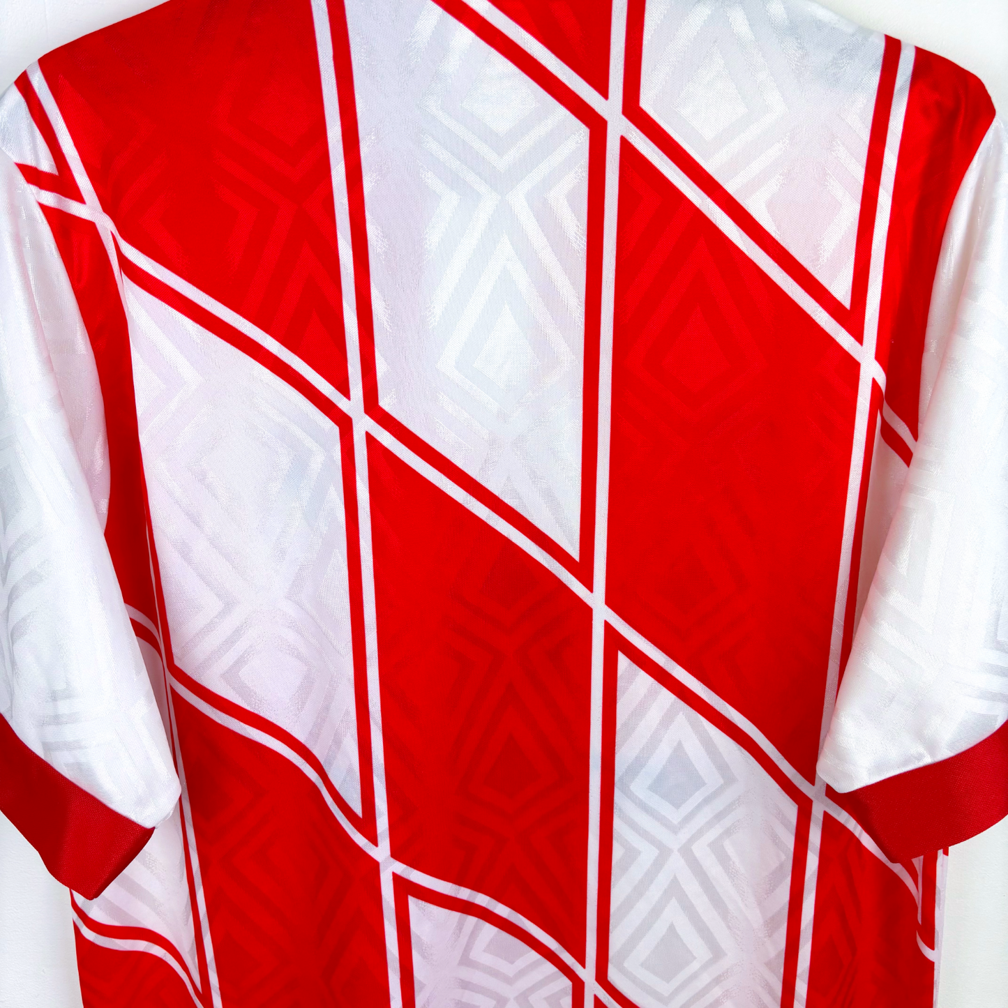 Red and white diamond-patterned vintage football shirt with Umbro logo, retro soccer jersey design. - Chelsea 1990/1991/1992 Away Football Shirt Umbro