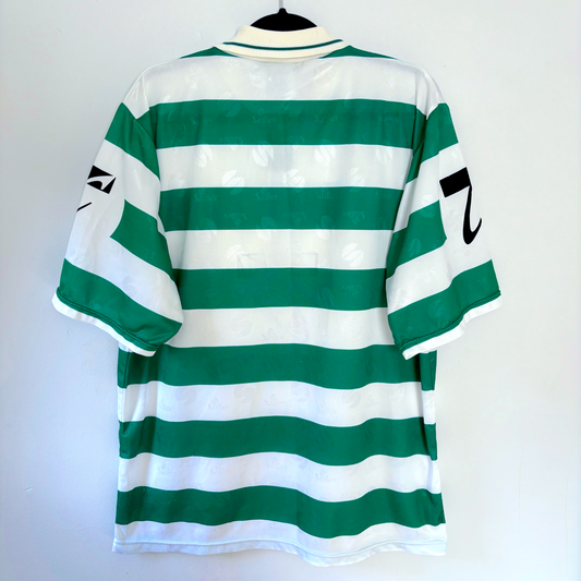Sporting CP vintage football shirt 1995-1996 with green and white horizontal stripes, retro soccer jersey style. - Sporting CP Club Lisbon 1995-1996 Home Football Camisa Shirt Saillev