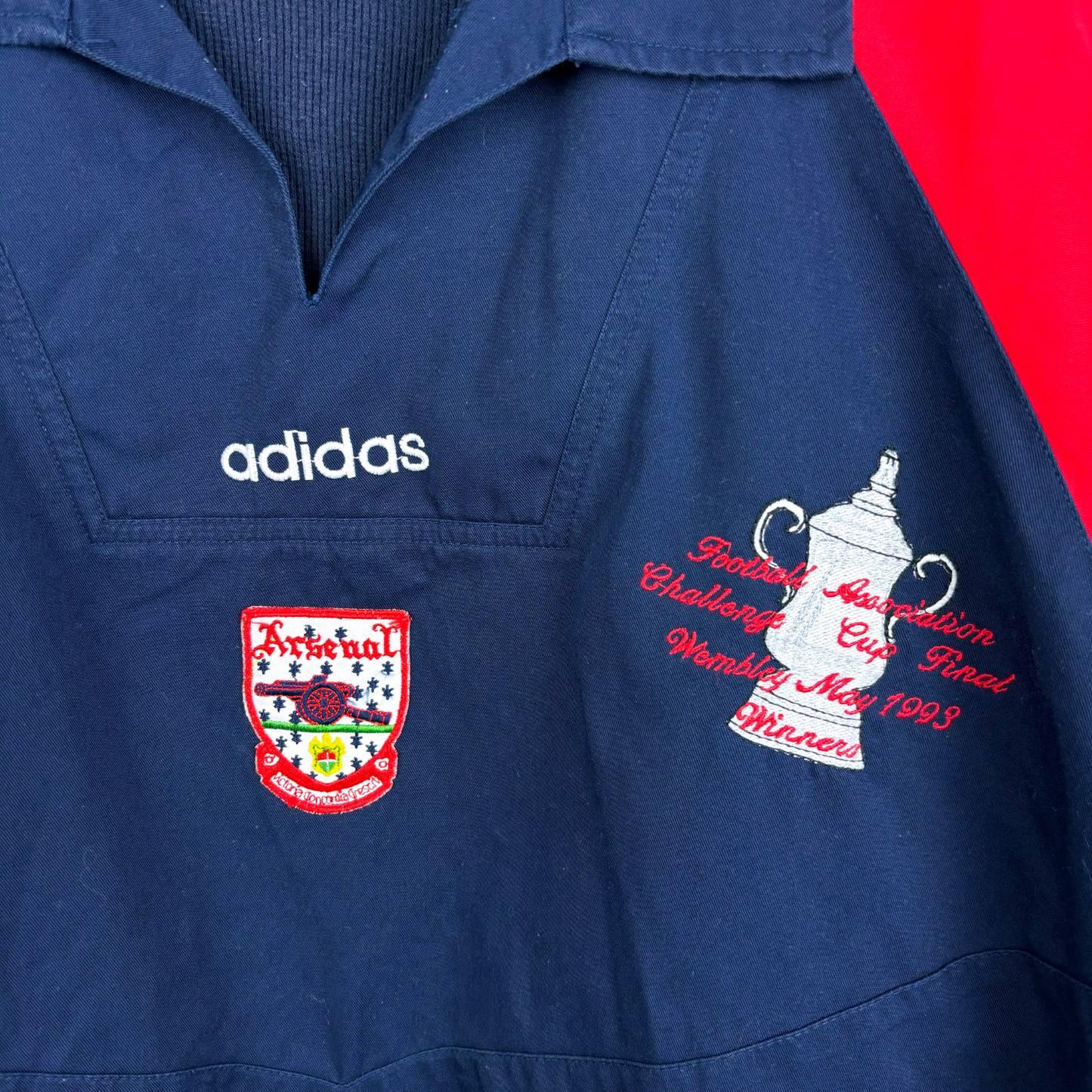 Navy vintage football shirt with Arsenal crest, Adidas logo, and 1993 FA Cup embroidered design, classic retro football. - Arsenal 1992/1993/1994 FA Cup Pullover Drill Football Training Top