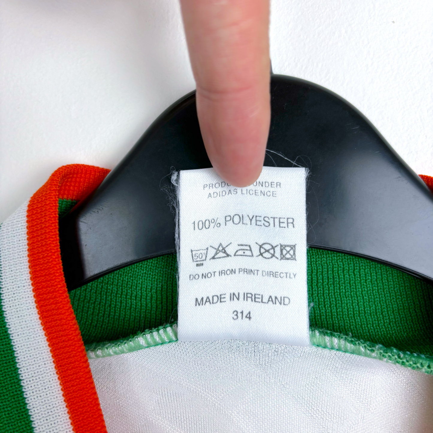 White vintage retro football shirt collar showing Adidas label and care tags with green and red trim. - Eire Ireland 1994-1995 USA World Cup Away Football Shirt Adidas