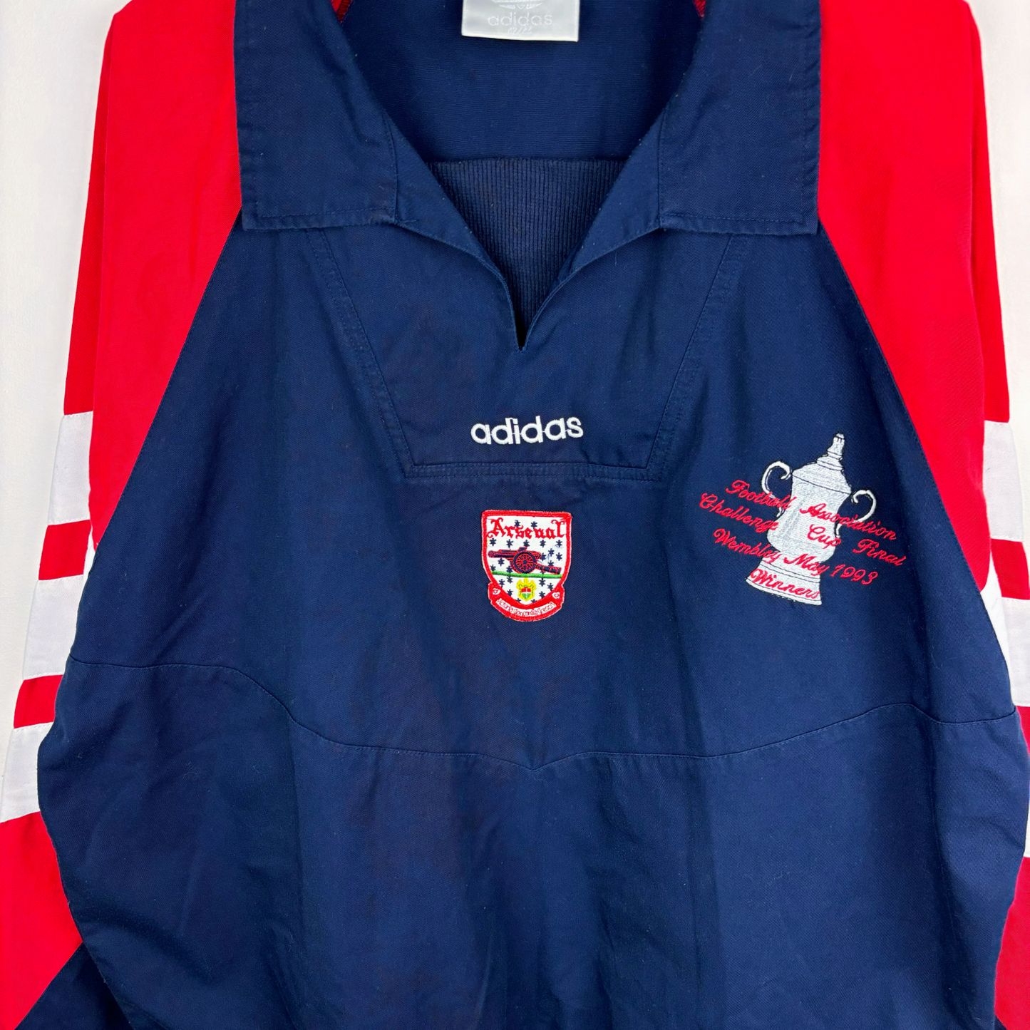 Navy and red Arsenal 1992-1994 vintage football shirt with FA Cup embroidery and Adidas logo. - Arsenal 1992/1993/1994 FA Cup Pullover Drill Football Training Top