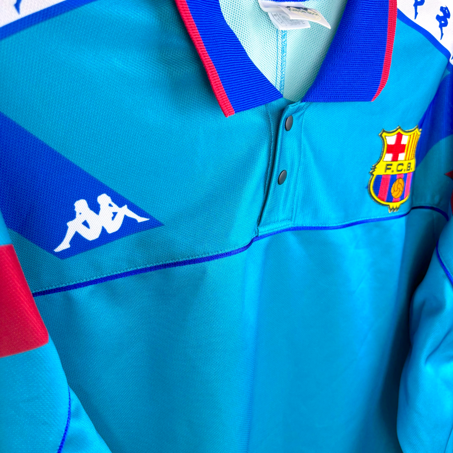 Vintage retro football shirt FC Barcelona 1992-1995 away longsleeve by Kappa in blue with red and blue collar accents and. - FC Barcelona 1992/1993/1994/1995 Away Football Shirt Kappa Longsleeve
