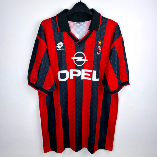 AC Milan vintage football shirt with red and black stripes, Lotto logo, Opel sponsor, and Maldini 3 badge. - AC Milan 1994/1995/1996 Home Football Shirt Maglia Lotto - Maldini 3