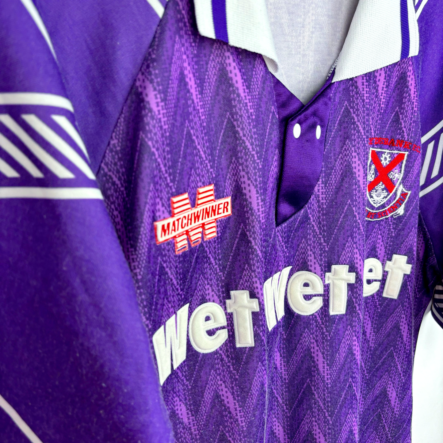 Purple vintage football shirt with white Wet Wet Wet sponsor logo and Clydebank FC crest, 1990s retro soccer jersey design. - Clydebank FC Wet Wet Wet 1993/1994/1995 Away Football Shirt Matchwinner