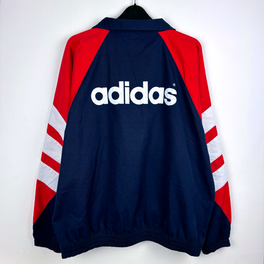 Vintage retro football shirt navy with red and white Adidas sleeve stripes, Arsenal 1992-94 training top. - Arsenal 1992/1993/1994 FA Cup Pullover Drill Football Training Top