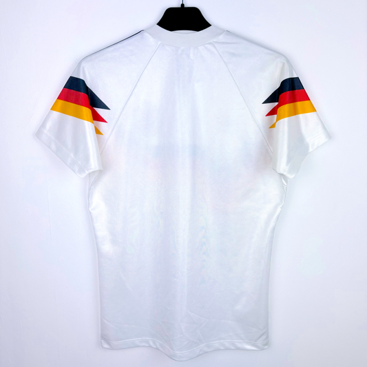 White vintage football shirt with black, red, and yellow stripes on sleeves, retro football classics design. - Germany 1988/1989/1990/1991/1992 Adidas Home Football Shirt