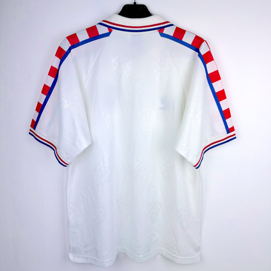 White vintage football shirt with red and blue checkered stripes on shoulders, Lotto logo trim on sleeves and collar. - Croatia 1996/1997/1998 Lotto Away Football Shirt