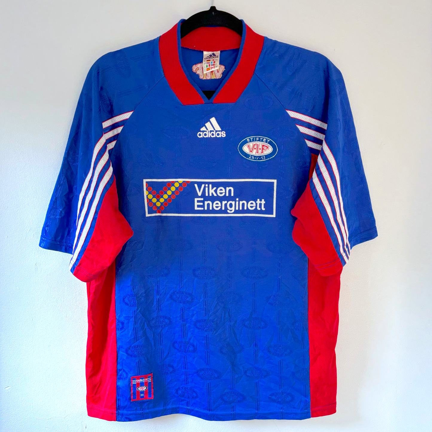 Valerenga VIF vintage football shirt 1998-1999 in blue with red trim and Adidas stripes, classic retro soccer jersey design. - Valerenga VIF 1998-1999 Home Football Shirt Jersey Adidas