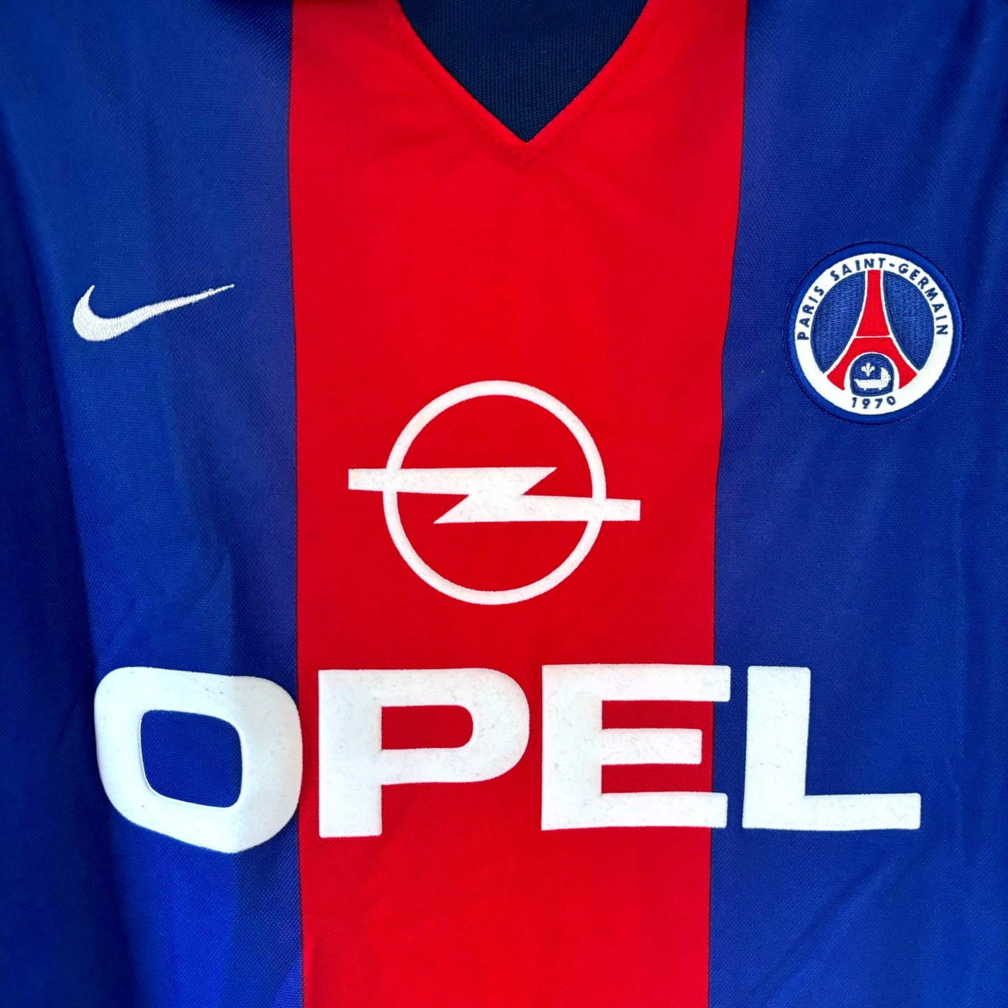 Vintage Paris Saint Germain football shirt 1999-2000 in blue and red with Opel logo and Nike swoosh, classic retro football. - BWNT Paris Saint Germain PSG 1999-2000 Home Football Shirt Maillot Nike