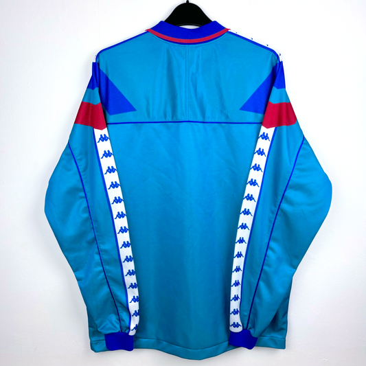 Vintage retro football shirt with blue base, red and navy details, Kappa logo tape on sleeves, long sleeves. - FC Barcelona 1992/1993/1994/1995 Away Football Shirt Kappa Longsleeve