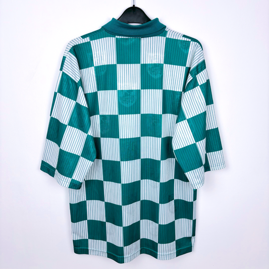 Rear view of Walsall vintage football shirt made by Sky Leisure. Check green and off-white pattern with Banks's yellow sponsor.