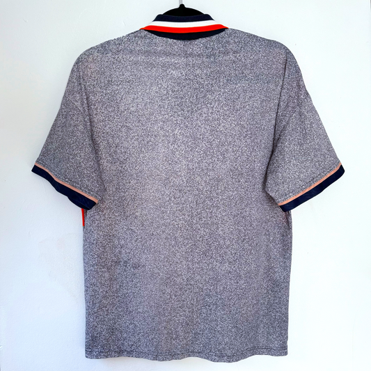 Gray vintage football shirt with navy and red trim on collar and sleeves, retro soccer jersey style. - Chelsea 1994/1995/1996 Away Football Shirt Umbro Jersey Coors