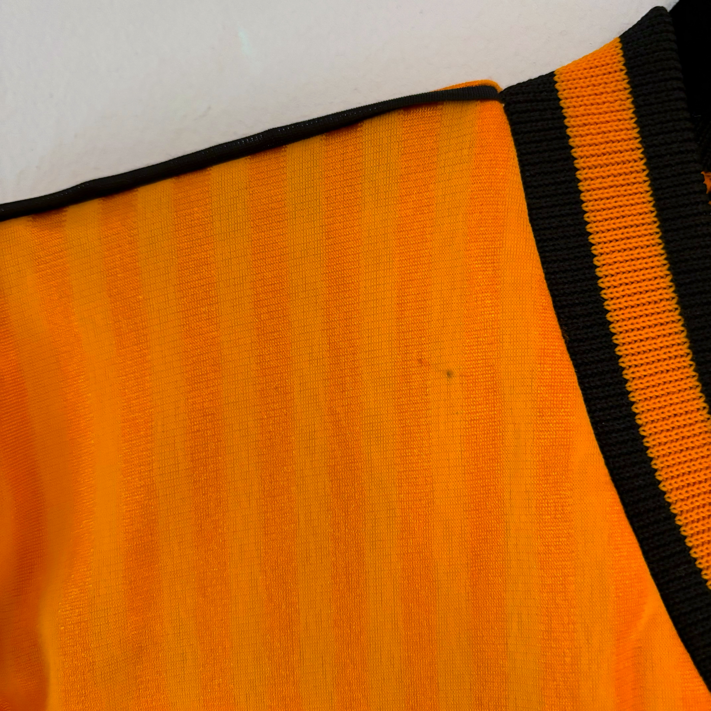 Vintage Wolverhampton Wanderers home football shirt in classic gold with black-striped collar, retro football shirts style. - Wolverhampton Wanderers 1988/1989/1990 Wolves Home Football Shirt Score