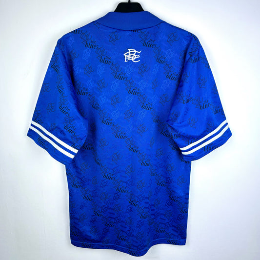 Back of Birmingham City 1995 home shirt by Admiral – blue 90s football jersey with Auto Windscreens sponsor