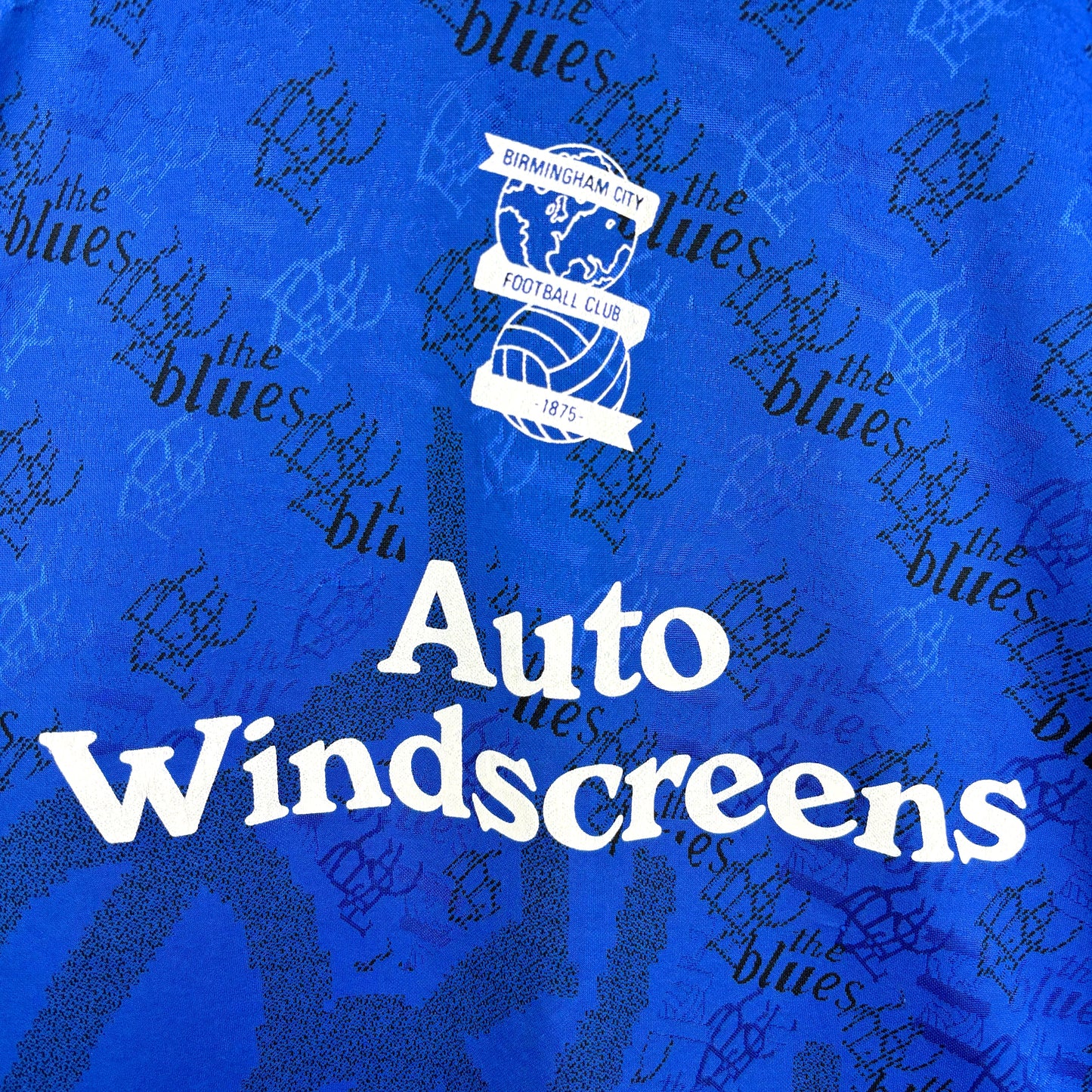 Sponsor shot of Birmingham City 1995 home shirt by Admiral – blue 90s football jersey with Auto Windscreens sponsor