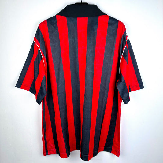 Back view of Fulham FC 1993-1994 away football shirt by Vandanel, red and black design with GMB sponsor, vintage retro soccer jersey