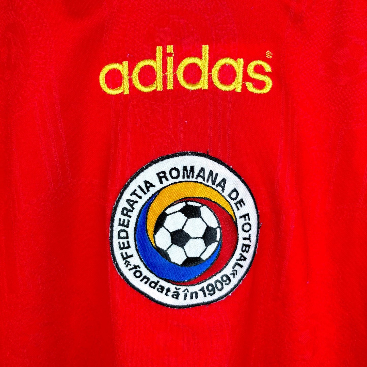 vintage 1996 Romania away football shirt by Adidas blue jersey badge shot