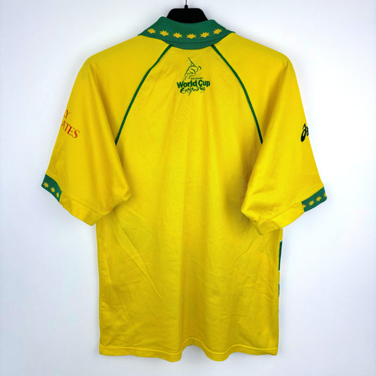 Australia 1999 retro World Cup cricket shirt by Asics, back view featuring yellow body and green trim