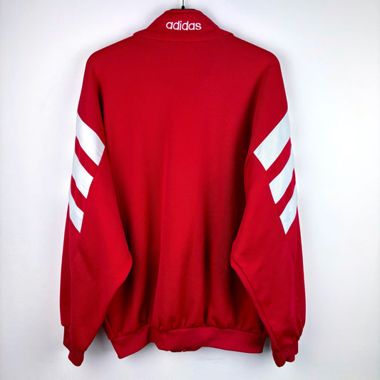 Back view of Bayer Leverkusen 1995-1997 Adidas football training zip-up track jacket, black with red and white accents