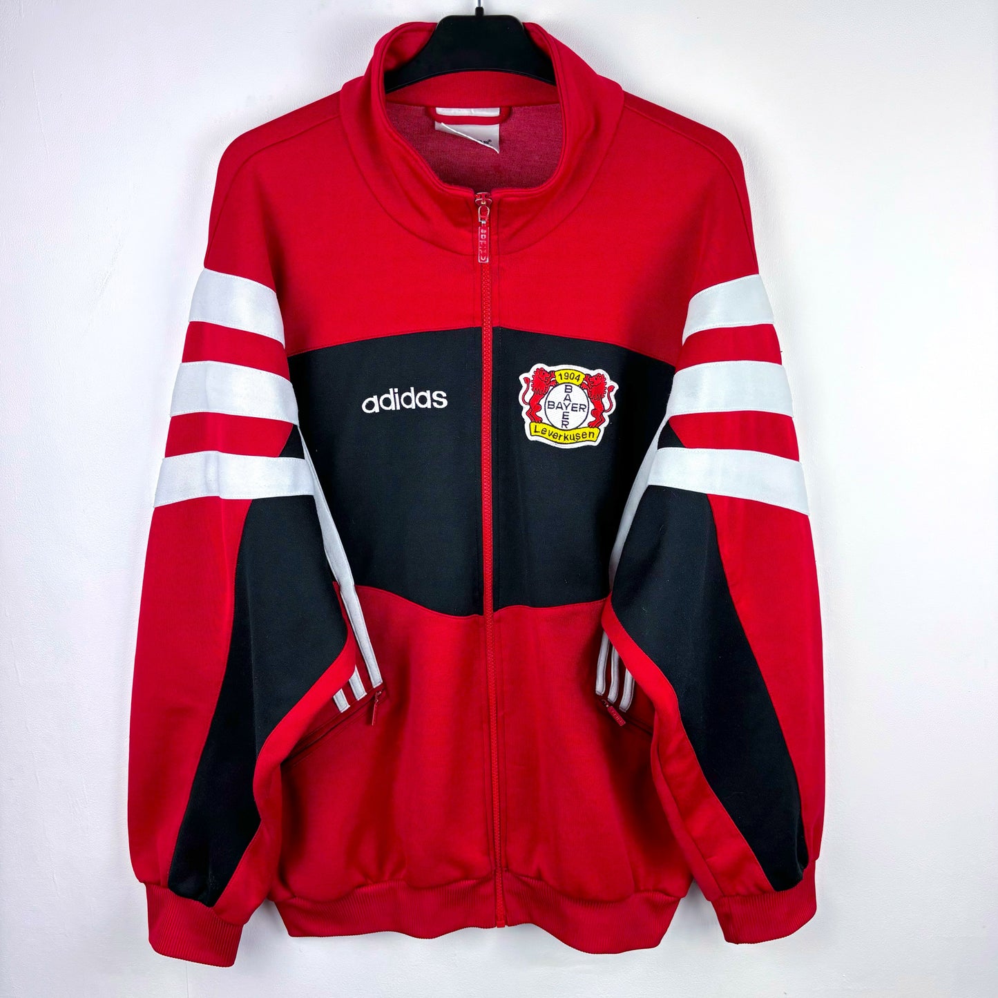 Bayer Leverkusen 1995-1997 Adidas football training zip-up track jacket, black with red and white accents, vintage retro sportswear