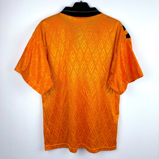 Back view of Boston United 1991-1993 Paulas Benara Home Football Shirt in orange with black trim. Classic Batemans Brewery sponsor in the middle.