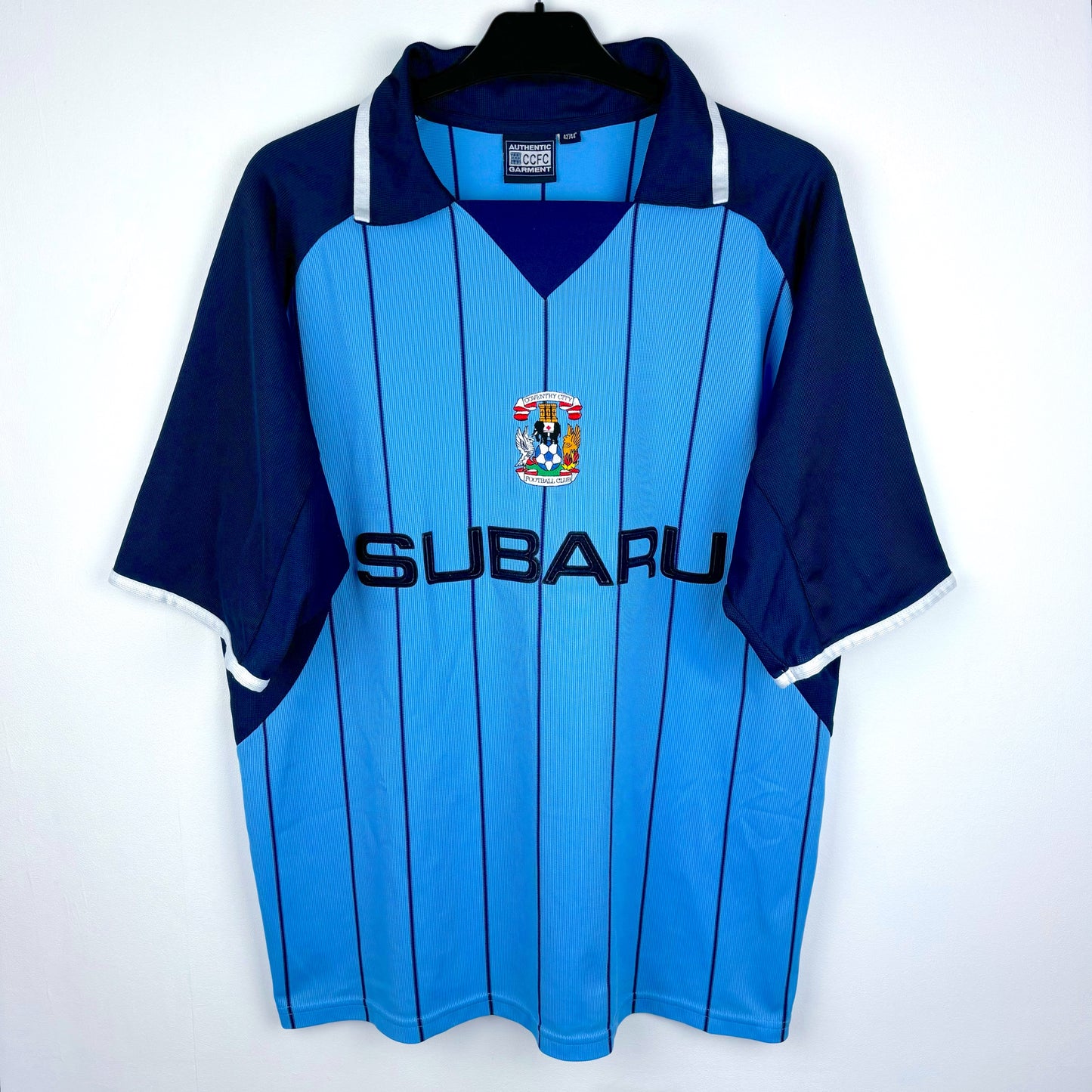 Front view of Coventry City 2003 home shirt – sky blue retro football jersey with Subaru sponsor