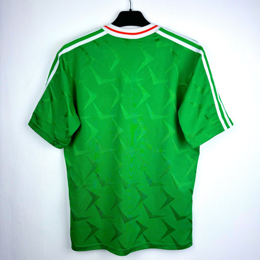 Reverse of Ireland 1990-1992 adidas home classic football jersey. Green body with white trim. OPEL sponsor.