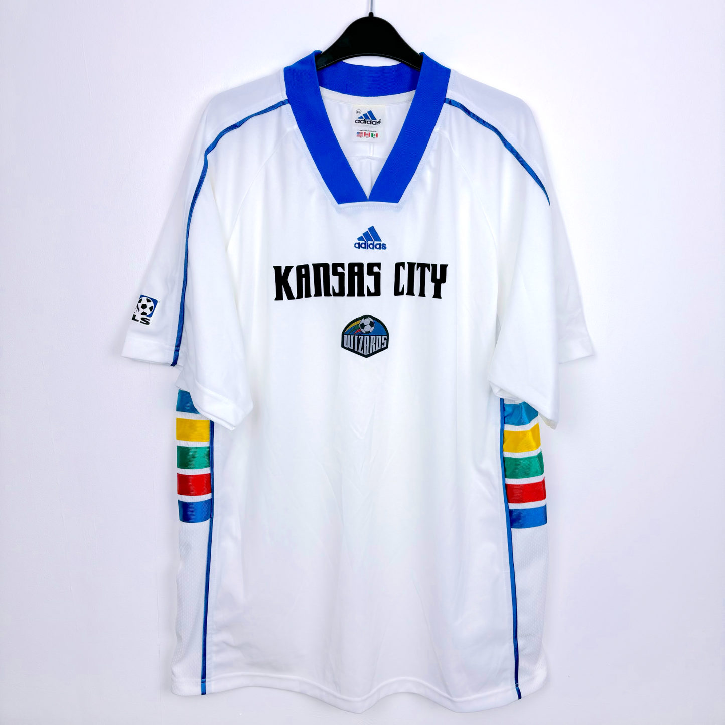 Kansas City 1997-1998 retro soccer jersey produced by Adidas. White body featuring rainbow coloured side panels.