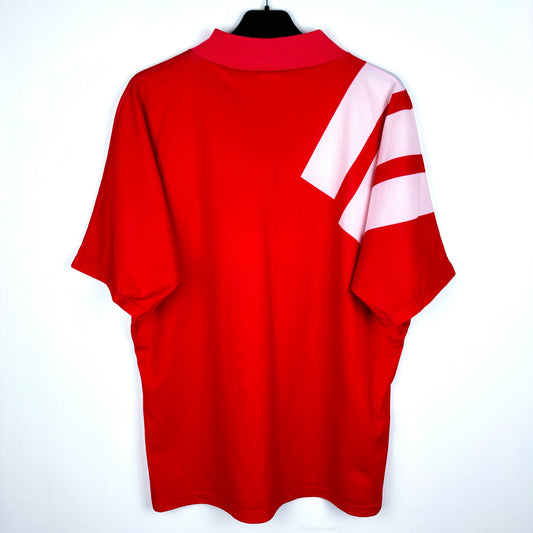 Rear view of Liverpool 1991-1992 adidas home classic football shirt. Red body with white shoulder 3 stripes. Candy sponsor.