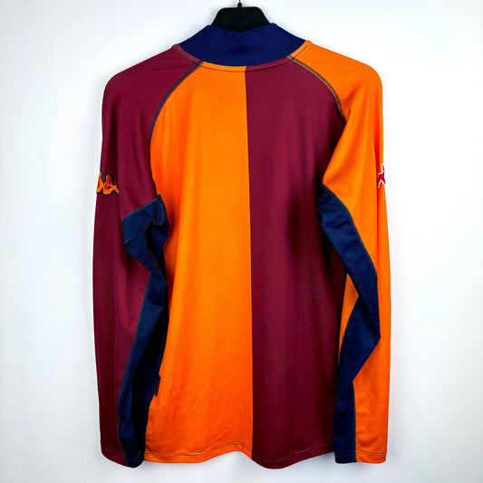 Rear view of Roma 2001-2002 Kappa classic football shirt in orange and maroon with navy trim. INA Assitalia sponsor.