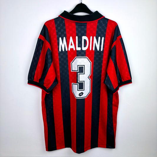 AC Milan vintage football shirt with black and red stripes, Maldini 3 on back, retro football classics shirt. - AC Milan 1994/1995/1996 Home Football Shirt Maglia Lotto - Maldini 3