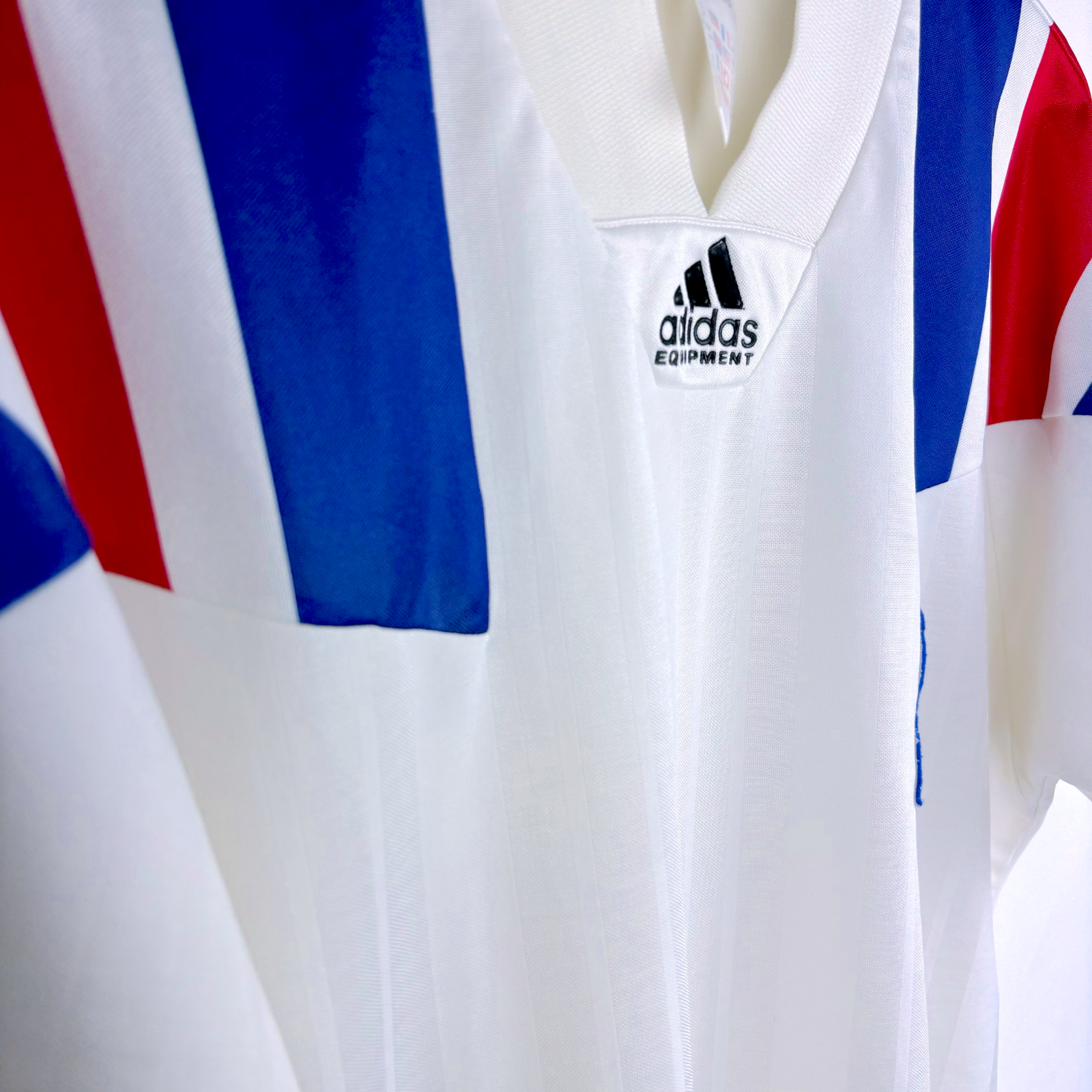 White vintage football shirt with blue and red Adidas stripes, retro France national team jersey, classic old football shirt . - Équipe de France FFF 1992/1993/1994 Away Football Maillot Shirt Adidas