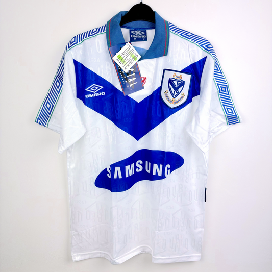 Vintage Velez Sarsfield 1993 home football shirt with blue chevron and Samsung logo, retro soccer jersey. - BNWT Velez Sarsfield 1993/1994/1995 Home Football Shirt Camisa Umbro