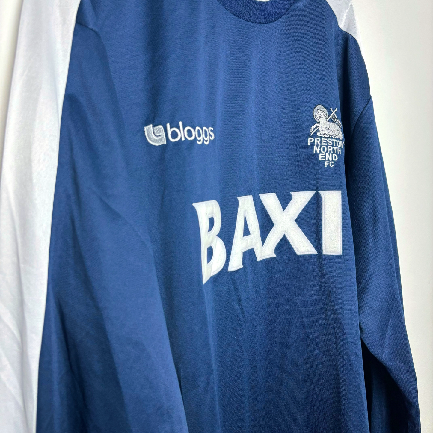 Preston vintage football jersey with 'bloggs' and 'BAXI' branding on a white background